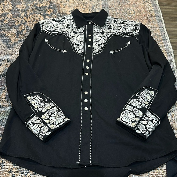 Lansky Bros Floral Embroidered Western Shirt Mens m Black Pearl Snap Rockabilly - Picture 1 of 8